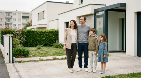 Famille de quatre personnes devant une maison individuelle contemporaine avec jardin en banlieue parisienne, tenant les clés de leur nouveau logement, scène lumineuse et sereine illustrant une transition immobilière réussie