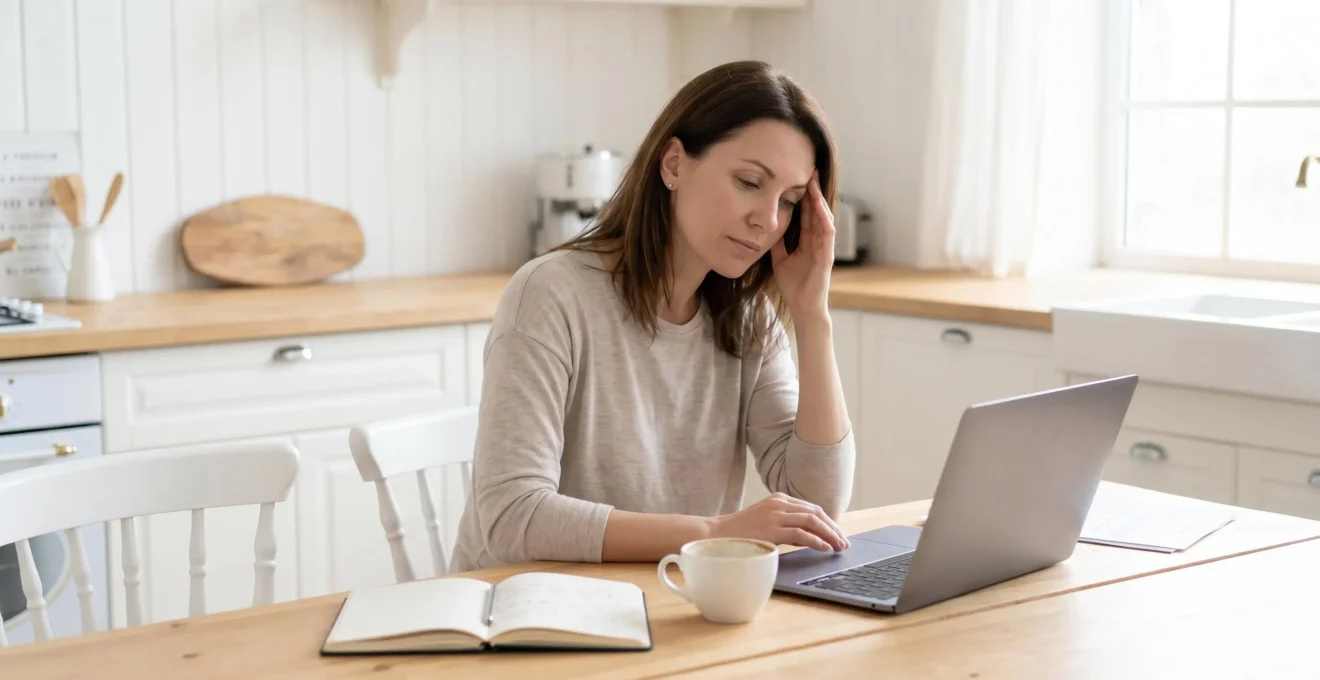 Femme de 35-45 ans assise à table de cuisine contemporaine, main sur tempe dans geste de fatigue légère, ordinateur ouvert et tasse de café à moitié vide, lumière naturelle douce, décor minimaliste