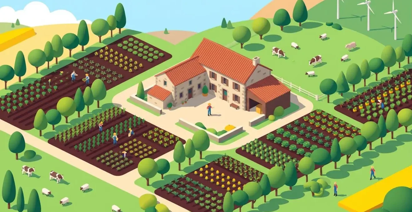 Ferme en agriculture bas-carbone avec agroforesterie, symbolisant la transition écologique et la diversification des revenus