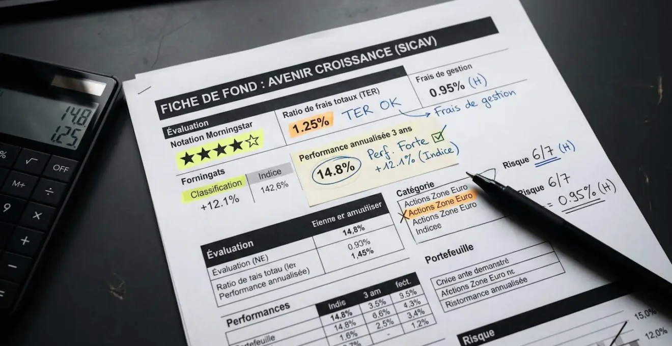 Fiche détaillée d'unité de compte OPCVM avec annotations manuscrites sur les critères d'évaluation (notation, frais TER, performance, classification) en français