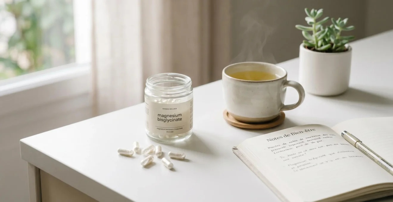Gélules transparentes de magnésium bisglycinate disposées sur comptoir blanc aux côtés d'un carnet ouvert, d'une tasse de tisane fumante et d'une petite plante verte, éclairage naturel doux, ambiance bien-être épuré