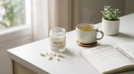 Gélules transparentes de magnésium bisglycinate disposées sur comptoir blanc aux côtés d'un carnet ouvert, d'une tasse de tisane fumante et d'une petite plante verte, éclairage naturel doux, ambiance bien-être épuré