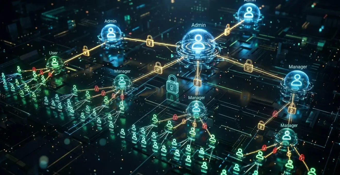 Vue abstraite d'un tableau de bord de gestion des identités cloud avec des icônes d'utilisateurs et des niveaux d'autorisation symbolisés par des verrous lumineux