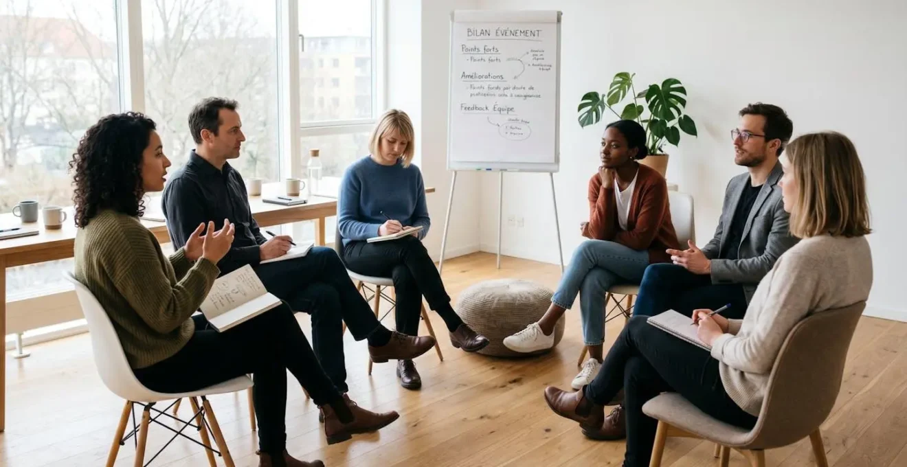 Groupe de collaborateurs assis en cercle dans une salle de réunion lumineuse et épurée lors d'une session de débriefing post-team building, postures d'écoute active et échange collectif avec lumière naturelle douce