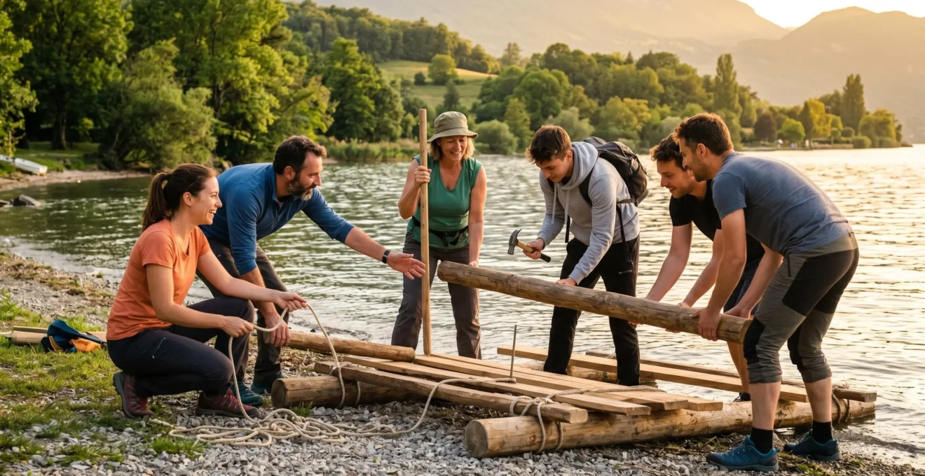 Groupe de participants en tenue casual-sport construisant collectivement un radeau au bord d'un lac ou naviguant ensemble lors d'un parcours d'orientation en forêt, lumière dorée de fin de journée, gestes d'entraide naturels