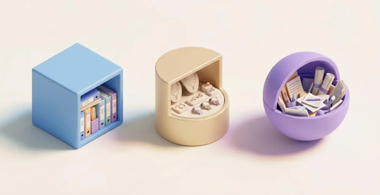 Illustration isométrique en 3D montrant trois containers géométriques colorés représentant trois usages de coffre-fort : documents en bleu, objets de valeur en doré, usage mixte en violet