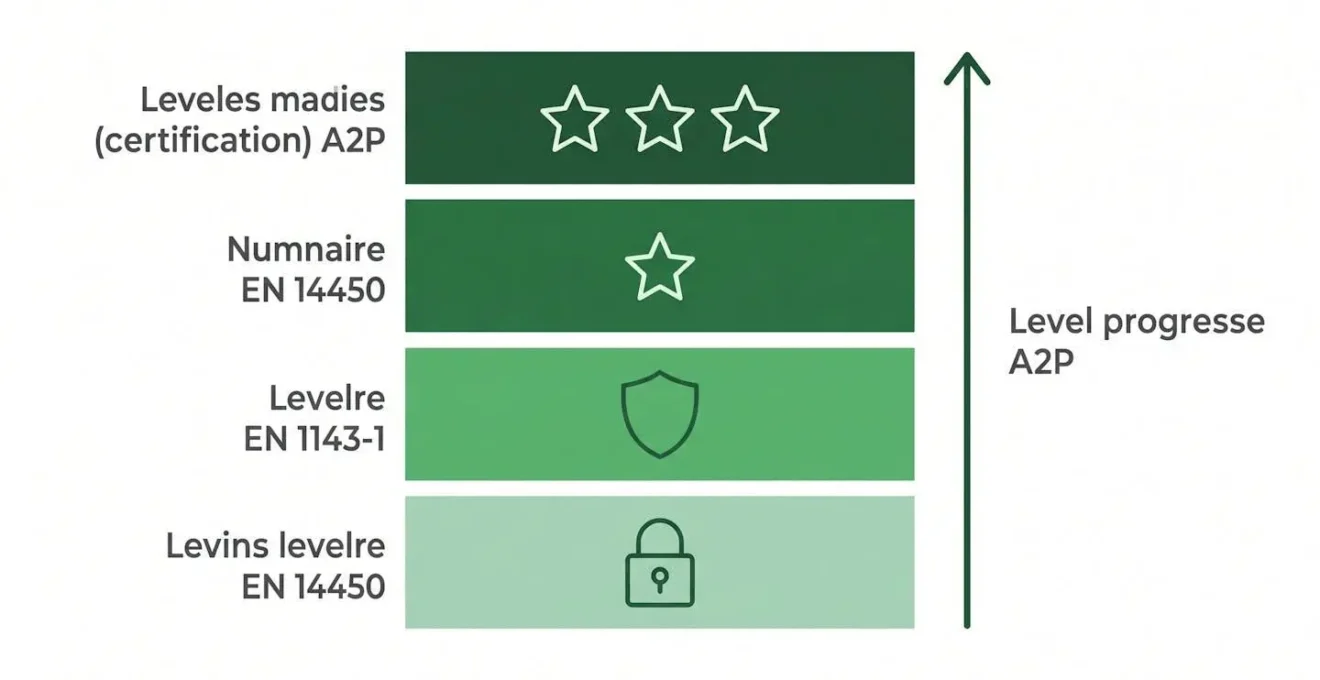 Infographie en design plat montrant une échelle verticale de certification avec quatre niveaux croissants (EN 14450, EN 1143-1, A2P) représentés par des barreaux verts de taille progressive et des icônes de sécurité
