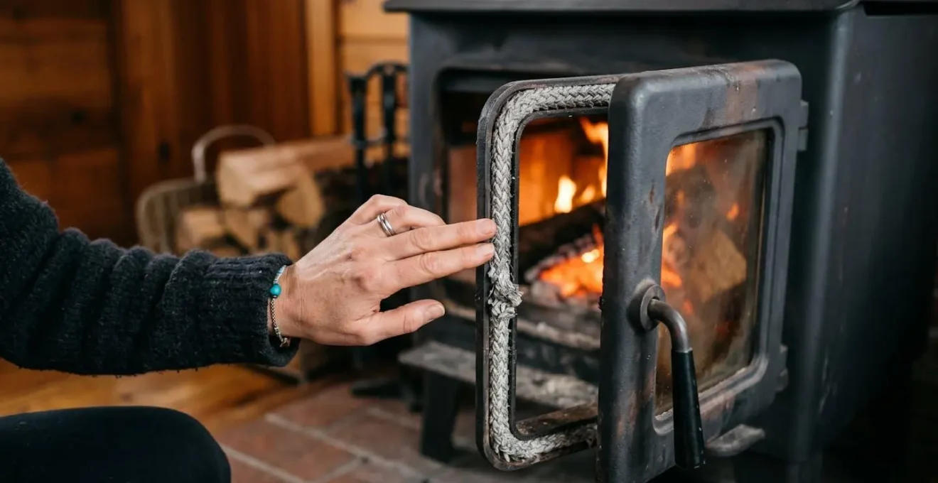 Gros plan sur l'inspection du joint de porte d'un poêle à bois lors d'une maintenance