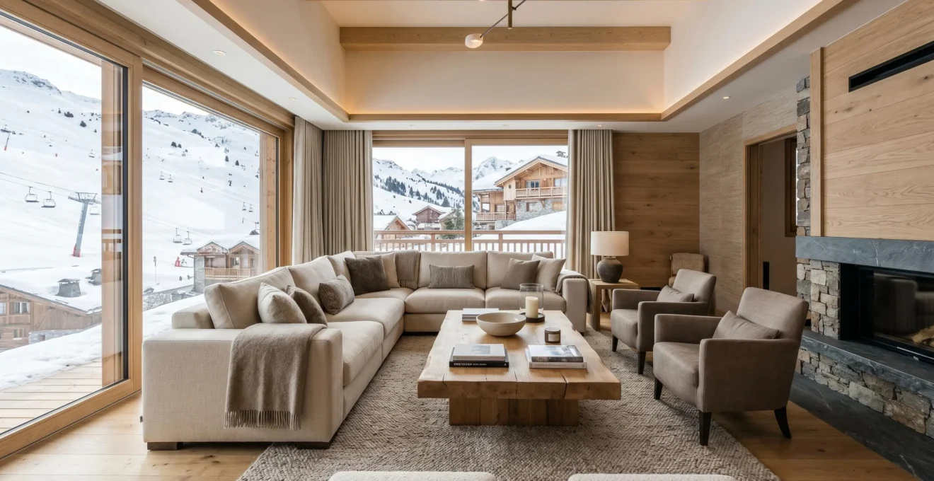 Intérieur lumineux d'un appartement de luxe à Courchevel avec salon spacieux, baie vitrée panoramique sur les pistes, mobilier contemporain en bois clair et textiles chaleureux, décoration montagnarde épurée