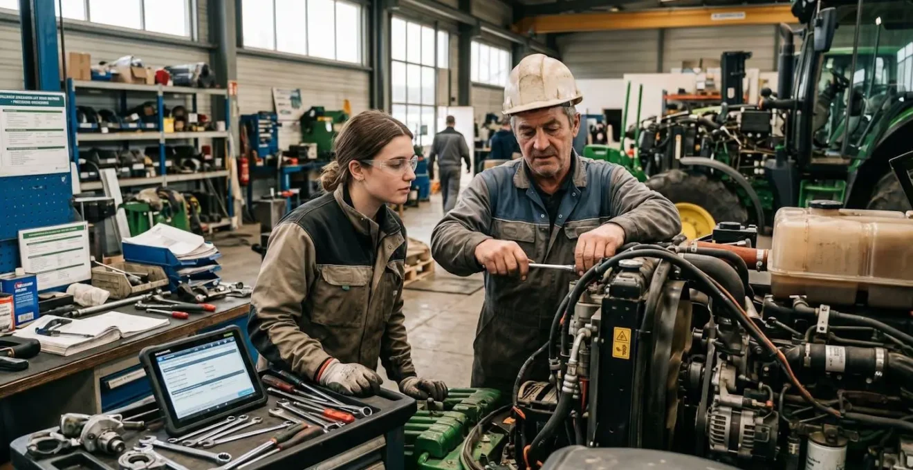 Jeune apprenti en formation professionnelle travaillant aux côtés d'un professionnel expérimenté dans un environnement de travail réel avec outils et équipements spécialisés visibles