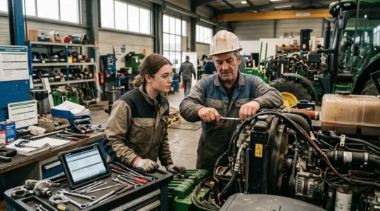 Jeune apprenti en formation professionnelle travaillant aux côtés d'un professionnel expérimenté dans un environnement de travail réel avec outils et équipements spécialisés visibles