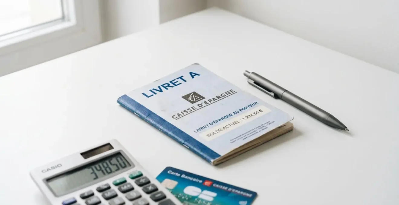 Livret d'épargne réglementé français posé sur surface blanche avec stylo et calculatrice dans une composition épurée