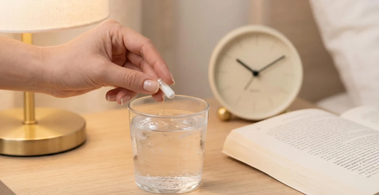 Main féminine tenant gélule transparente de magnésium au-dessus d'un verre d'eau sur table de chevet, réveil moderne indiquant soirée en arrière-plan, livre ouvert, lumière douce de lampe