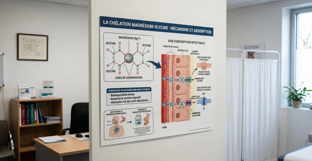 Poster éducatif illustrant le mécanisme de chélation magnésium-glycine affiché dans cabinet médical, diagramme scientifique avec annotations en français, couleurs pédagogiques, lumière naturelle