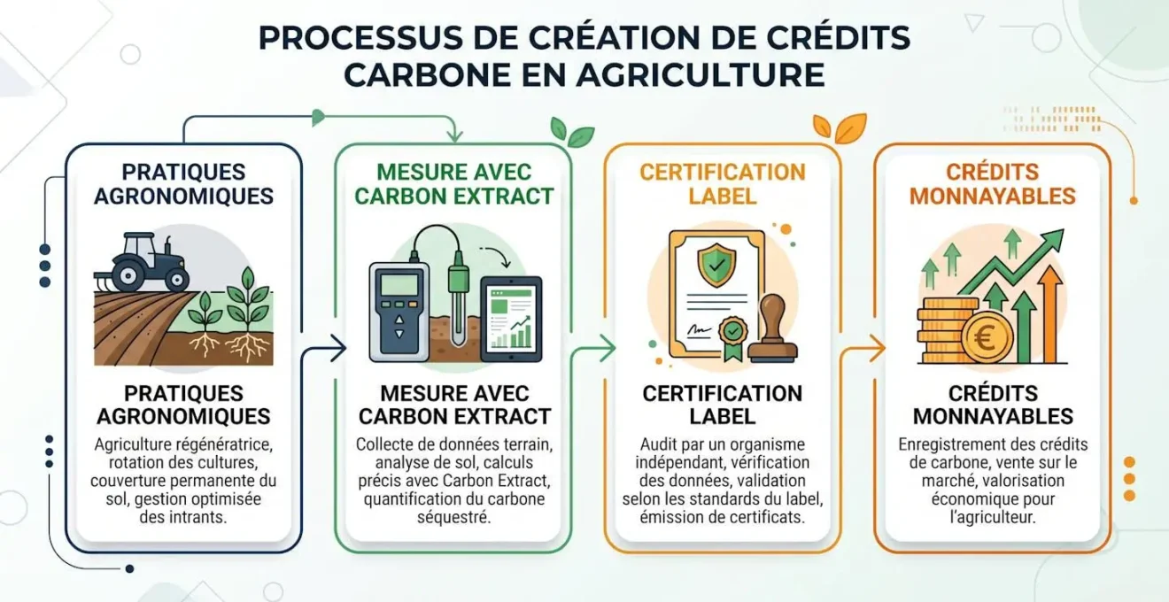 Schéma du processus de génération et certification des crédits carbone en agriculture