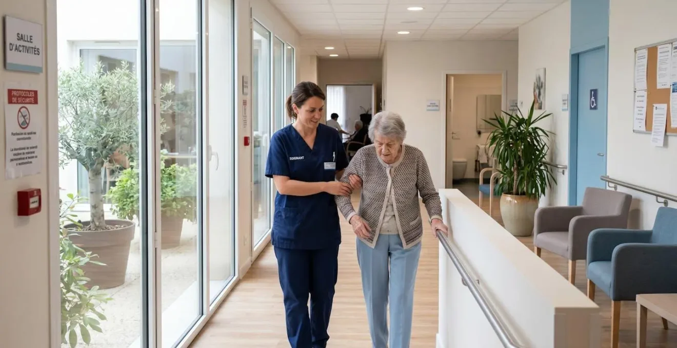 Professionnel des services à la personne en tenue médicale accompagnant une personne âgée dans un établissement médico-social moderne et lumineux avec équipements d'accessibilité