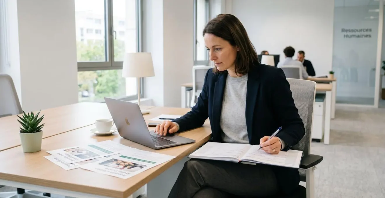 Responsable RH à un bureau moderne consultant des documents de planification d'événement team building et travaillant sur ordinateur portable, environnement bureau contemporain avec lumière naturelle et plante verte