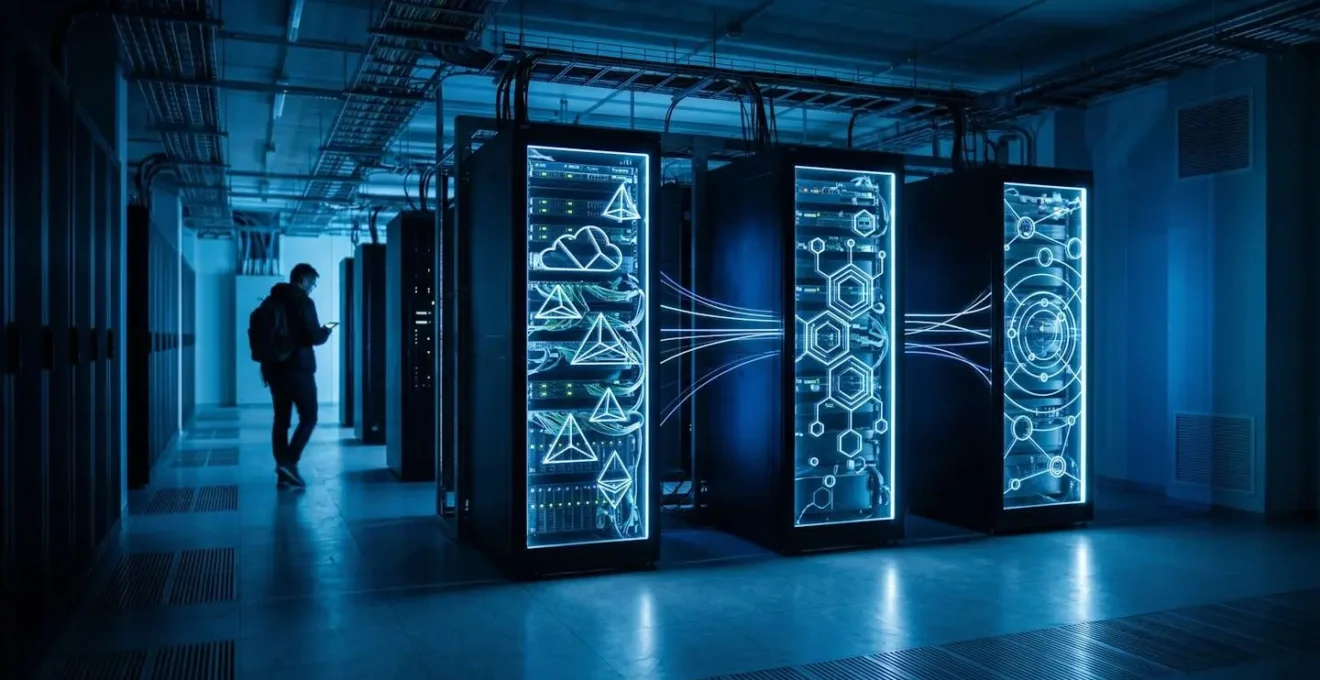 Salle de serveurs éclairée en bleu avec des flux de données symboliques reliant trois plateformes cloud distinctes