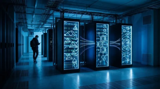 Salle de serveurs éclairée en bleu avec des flux de données symboliques reliant trois plateformes cloud distinctes