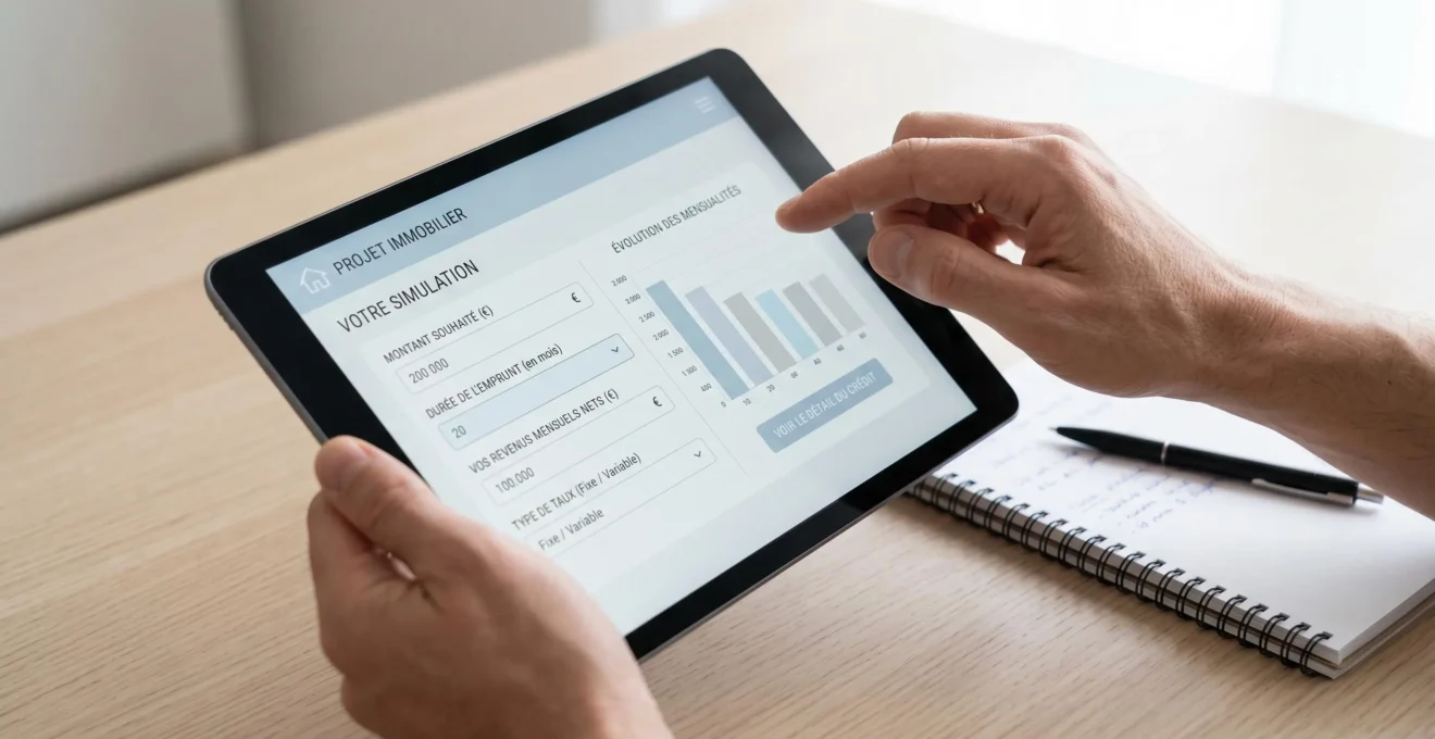 Gros plan sur mains utilisant une tablette affichant un formulaire de simulation de crédit immobilier en français avec champs de saisie et graphique de résultat, sur un bureau contemporain épuré en lumière naturelle