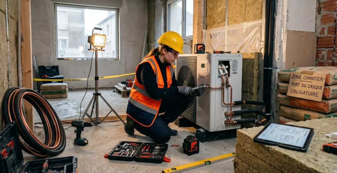 Technicien en rénovation énergétique équipé de matériel de sécurité installant un système de chauffage performant dans un bâtiment résidentiel français en cours de réhabilitation avec matériaux d'isolation visibles