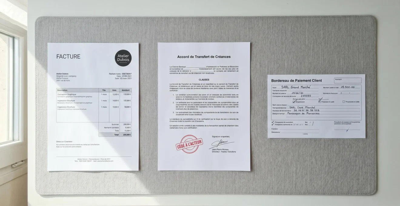 Trois documents disposés horizontalement illustrant le circuit affacturage : facture entreprise, contrat de cession factor, bordereau paiement client