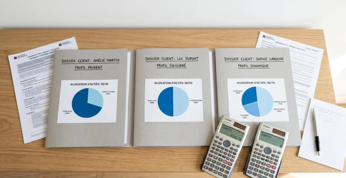 Trois dossiers clients ouverts montrant différents graphiques d'allocation d'actifs pour profils prudent, équilibré et dynamique avec documents d'assurance vie français