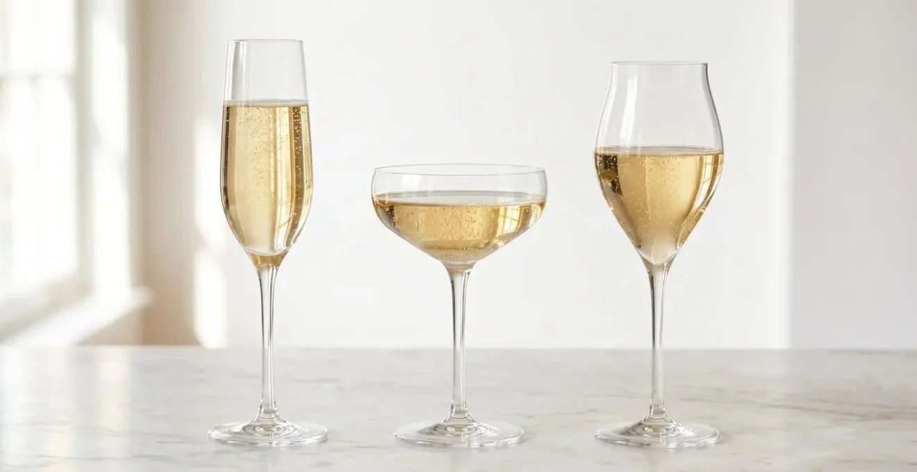 Trois verres à Champagne côte à côte : flûte élancée, coupe évasée et tulipe resserrée, posés sur un plan de marbre clair avec reflets dorés et bulles visibles dans chaque verre