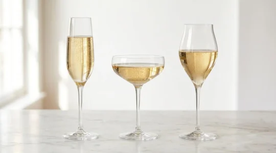 Trois verres à Champagne côte à côte : flûte élancée, coupe évasée et tulipe resserrée, posés sur un plan de marbre clair avec reflets dorés et bulles visibles dans chaque verre