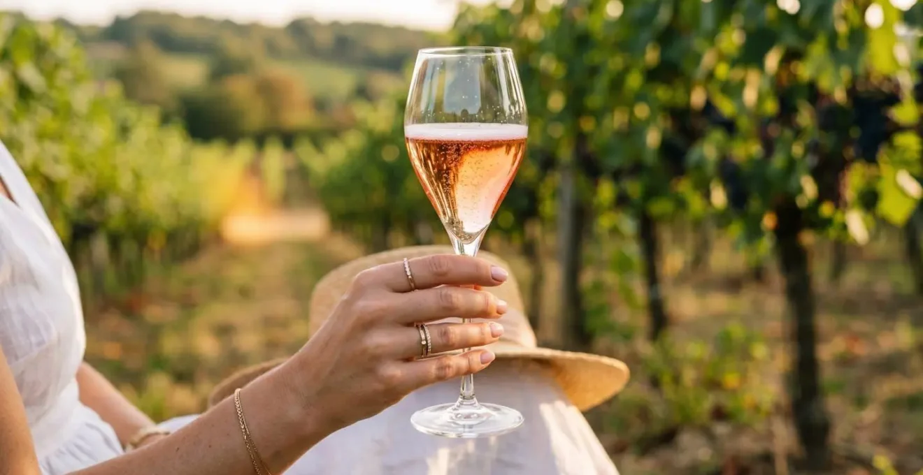 Main élégante tenant un verre tulipe rempli de Champagne rosé, montrant la prise en main correcte et le resserrement du bord vers le nez, lumière naturelle tamisée