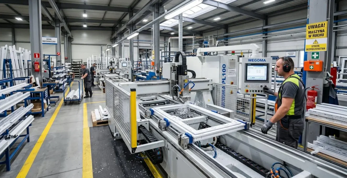 Atelier de fabrication de menuiseries avec machine CNC découpant des profilés PVC selon mesures personnalisées