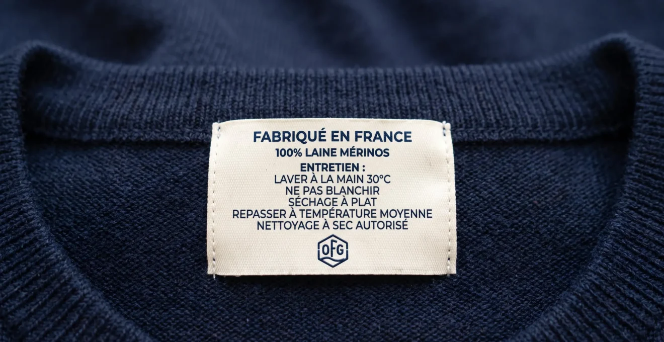 Étiquette textile cousue sur un pull en maille affichant mentions de composition, entretien et fabrication française avec logos de labels officiels