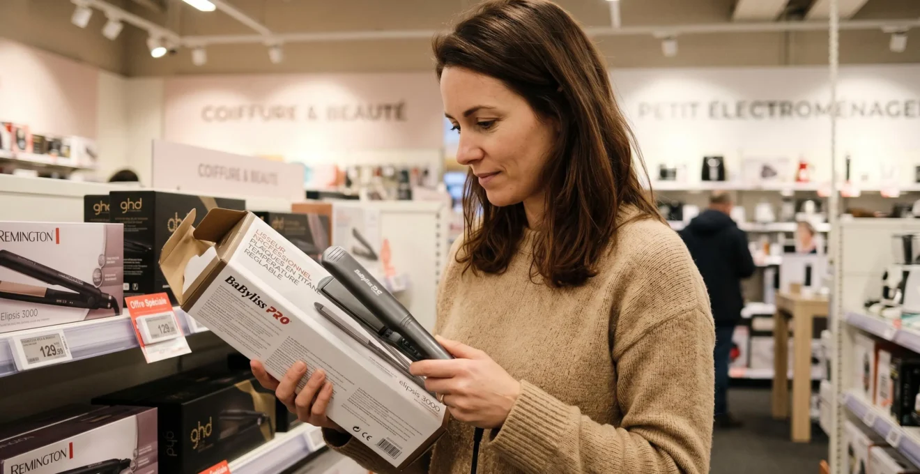 Femme de profil dans un rayon beauté français tenant un lisseur professionnel et lisant attentivement les caractéristiques techniques sur l'emballage avant achat