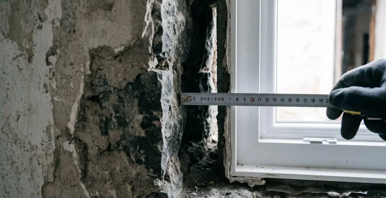 Gros plan sur un espace entre cadre de fenêtre standard et mur révélant un pont thermique lors d'une rénovation