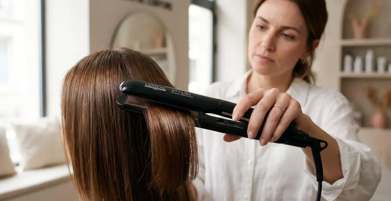 Gros plan sur un lisseur professionnel à plaques céramique glissant sur une mèche de cheveux châtains brillants, tenu par la main d'une coiffeuse dans un salon contemporain français avec lumière naturelle douce