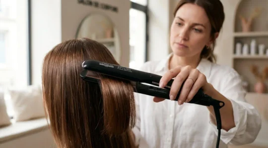 Gros plan sur un lisseur professionnel à plaques céramique glissant sur une mèche de cheveux châtains brillants, tenu par la main d'une coiffeuse dans un salon contemporain français avec lumière naturelle douce