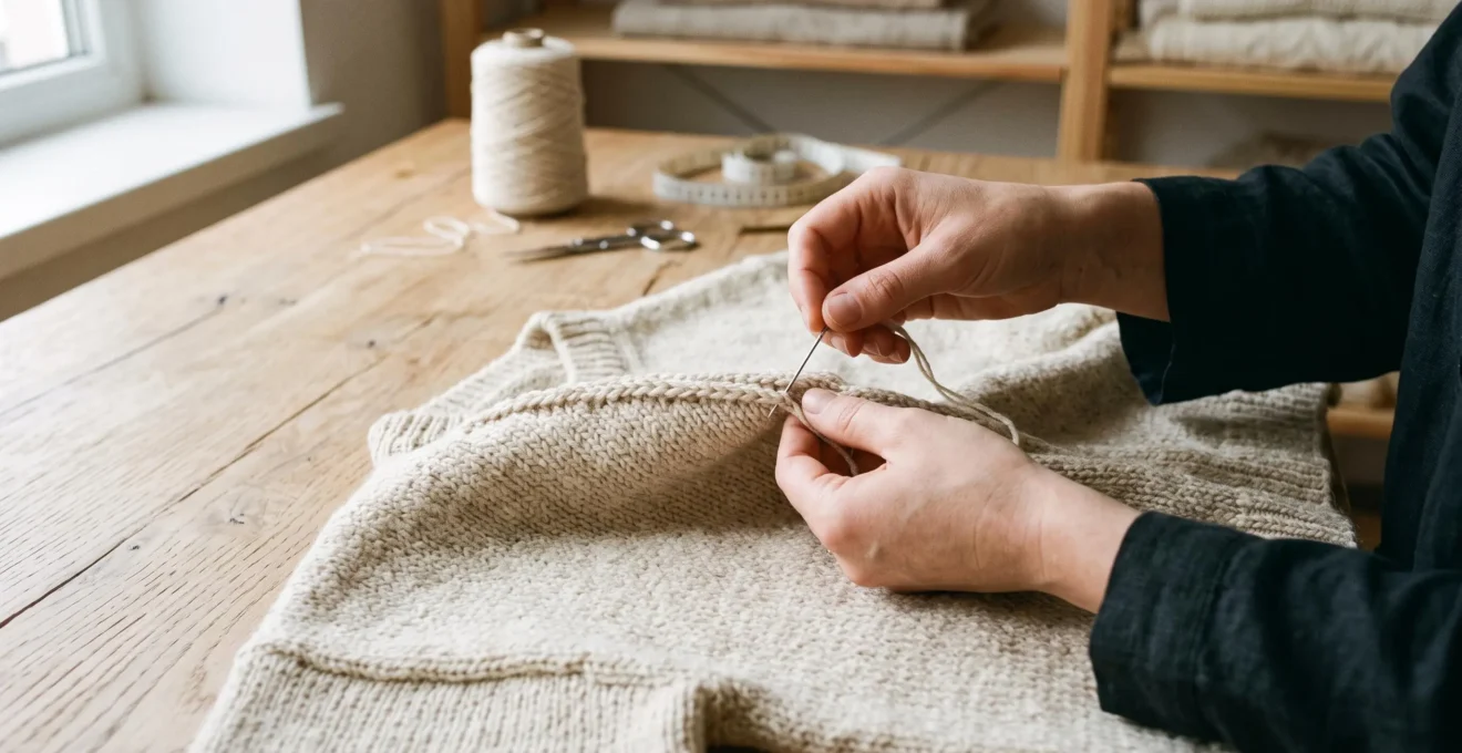 Mains d'artisan textile réalisant une finition manuelle de linking sur un pull en maille naturelle posé sur table de travail