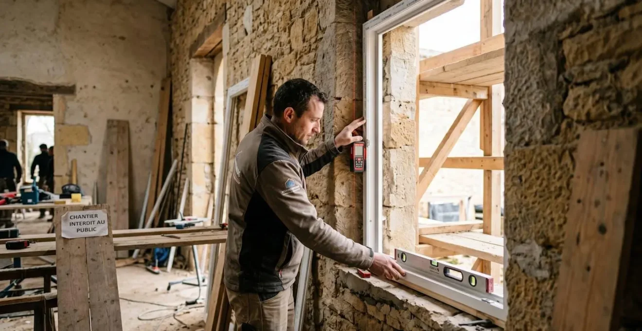 Technicien installant une fenêtre PVC sur mesure dans une ouverture de mur en pierre ancienne sur un chantier de rénovation