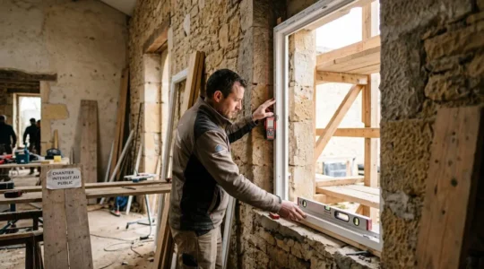 Technicien installant une fenêtre PVC sur mesure dans une ouverture de mur en pierre ancienne sur un chantier de rénovation