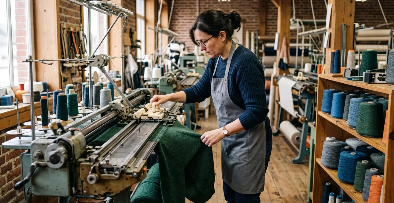 Tricoteur professionnel opérant un métier à tricoter rectiligne dans un atelier textile français, avec bobines de laine et pièce en maille en cours de fabrication