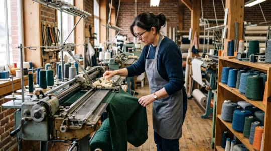 Tricoteur professionnel opérant un métier à tricoter rectiligne dans un atelier textile français, avec bobines de laine et pièce en maille en cours de fabrication
