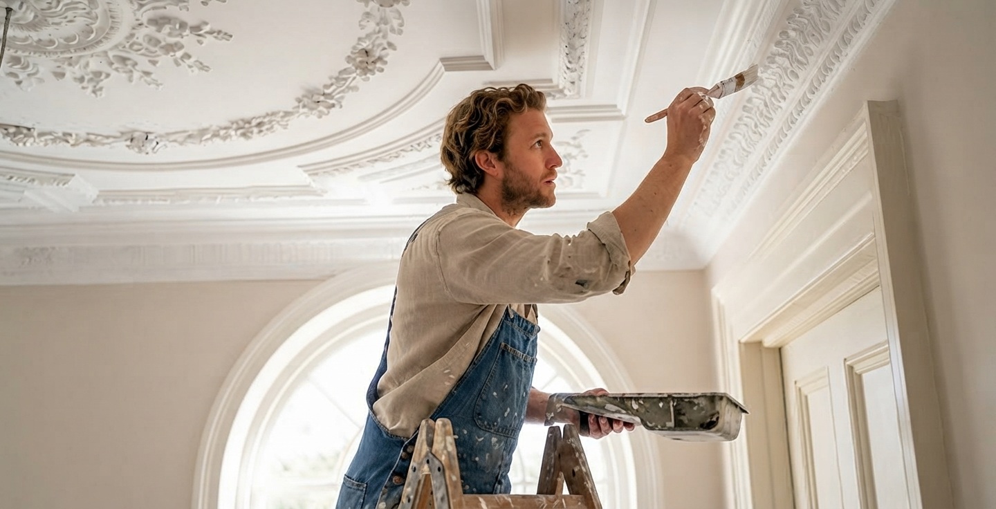 Artisan restaurateur travaillant sur des boiseries anciennes dans une demeure de caractère