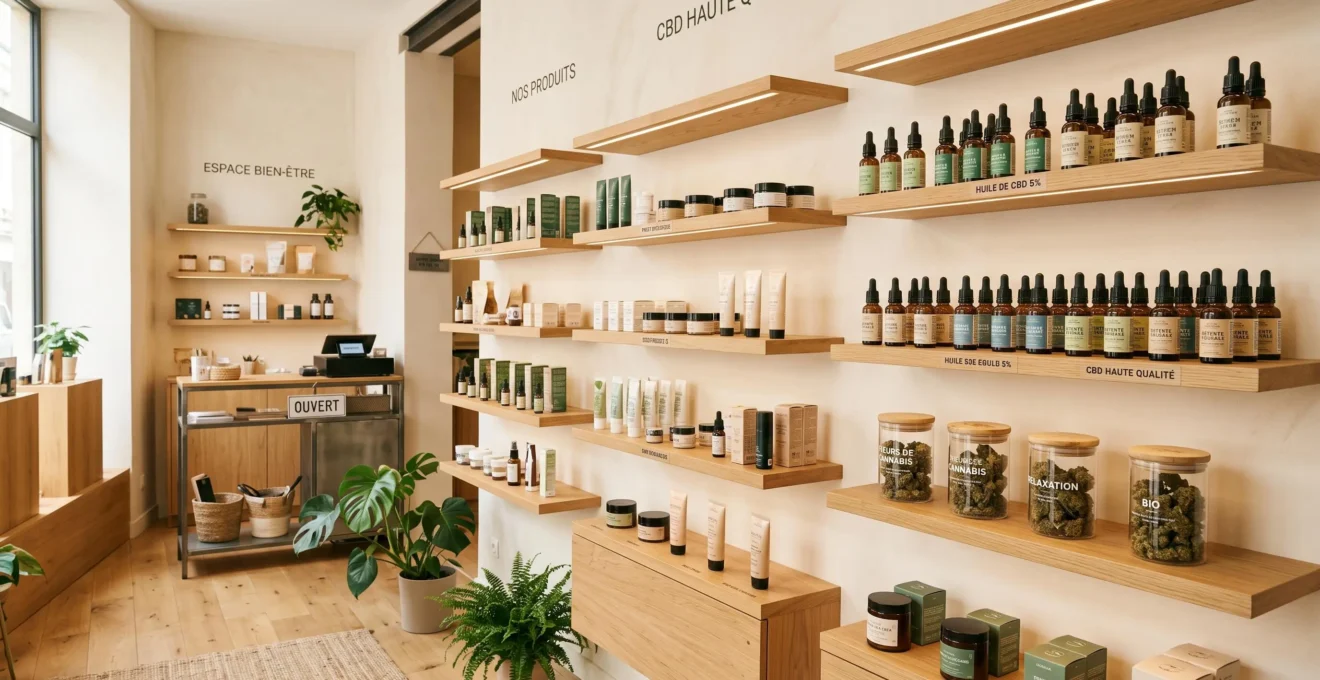 Agencement professionnel d'une boutique CBD avec étagères en bois clair présentant différentes catégories de produits organisés par type