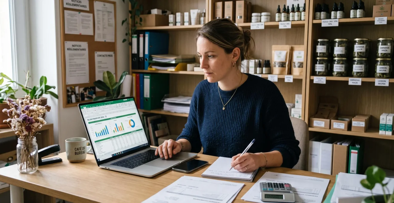 Spécialiste CBD expliquant les caractéristiques d'un produit à un client au comptoir d'une boutique spécialisée en France