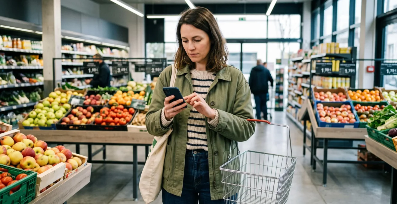 Femme consultant son application bancaire sur smartphone dans l'allée fruits et légumes d'un supermarché français
