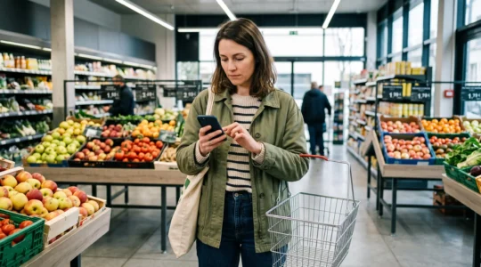 Femme consultant son application bancaire sur smartphone dans l'allée fruits et légumes d'un supermarché français