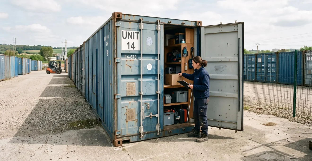 Containers maritimes aménagés en espaces de stockage sécurisé sur un site professionnel, avec une personne accédant à ses biens stockés