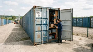 Containers maritimes aménagés en espaces de stockage sécurisé sur un site professionnel, avec une personne accédant à ses biens stockés