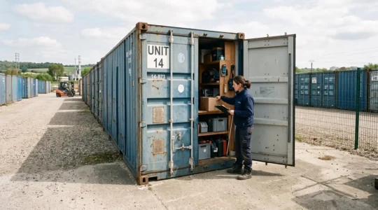 Containers maritimes aménagés en espaces de stockage sécurisé sur un site professionnel, avec une personne accédant à ses biens stockés