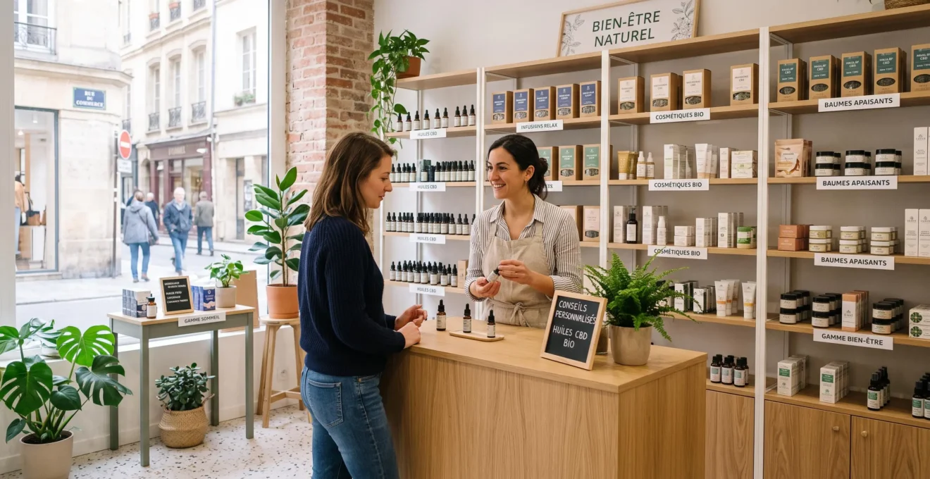 Intérieur d'une boutique CBD moderne en France avec une vendeuse conseillant un client au comptoir, produits visibles sur les étagères en arrière-plan